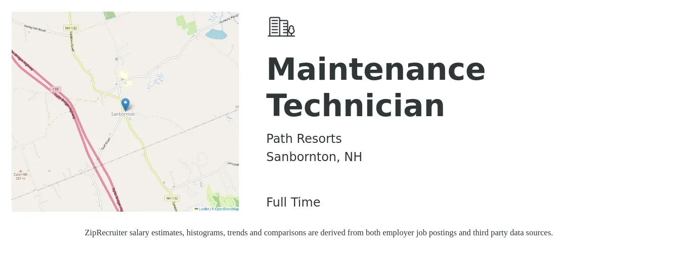 Path Resorts job posting for a Maintenance Technician in Sanbornton, NH with a salary of $19 to $26 Hourly with a map of Sanbornton location.