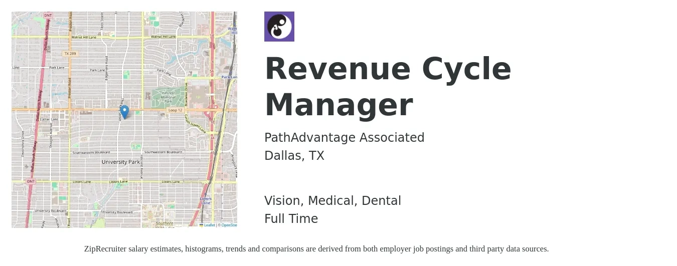 PathAdvantage Associated job posting for a Revenue Cycle Manager in Dallas, TX with a salary of $65,300 to $96,000 Yearly and benefits including life_insurance, medical, pto, vision, and dental with a map of Dallas location.