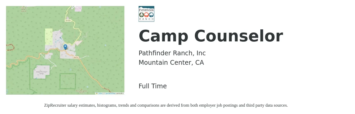 Pathfinder Ranch, Inc job posting for a Camp Counselor in Mountain Center, CA with a salary of $640 to $760 Weekly with a map of Mountain Center location.