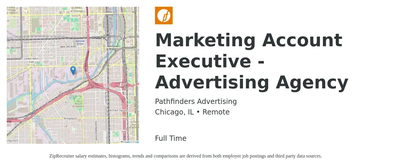 Pathfinders Advertising job posting for a Marketing Account Executive - Advertising Agency in Chicago, IL with a salary of $55,000 to $72,000 Yearly with a map of Chicago location.