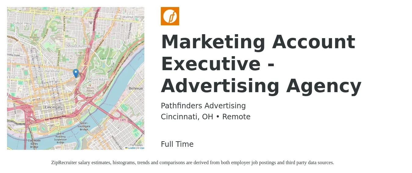 Pathfinders Advertising job posting for a Marketing Account Executive - Advertising Agency in Cincinnati, OH with a salary of $55,000 to $72,000 Yearly with a map of Cincinnati location.