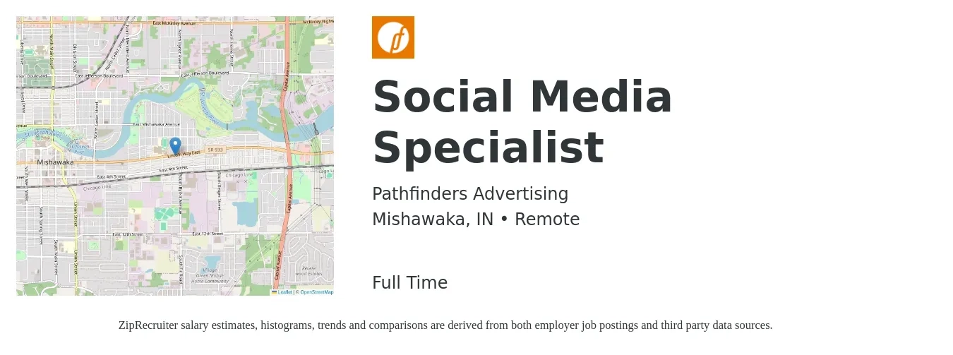 Pathfinders Advertising job posting for a Social Media Specialist in Mishawaka, IN with a salary of $45,000 to $59,000 Yearly with a map of Mishawaka location.
