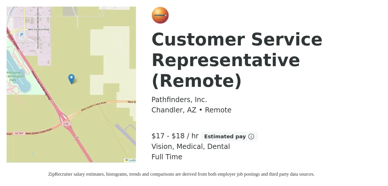 Pathfinders, Inc. job posting for a Customer Service Representative (Remote) in Chandler, AZ with a salary of $18 to $19 Hourly and benefits including vision, dental, and medical with a map of Chandler location.