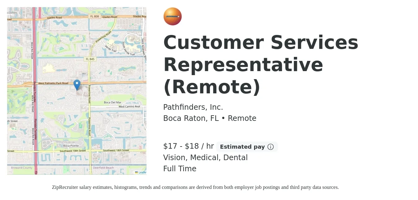 Pathfinders, Inc. job posting for a Customer Services Representative (Remote) in Boca Raton, FL with a salary of $18 to $19 Hourly and benefits including vision, dental, and medical with a map of Boca Raton location.