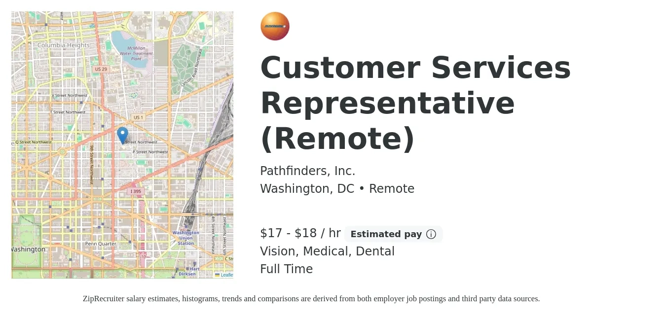 Pathfinders, Inc. job posting for a Customer Services Representative (Remote) in Washington, DC with a salary of $18 to $19 Hourly and benefits including vision, dental, and medical with a map of Washington location.