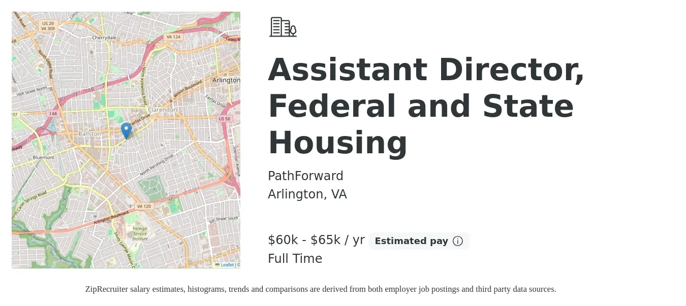 PathForward job posting for a Assistant Director, Federal and State Housing in Arlington, VA with a salary of $60,000 to $65,000 Yearly with a map of Arlington location.