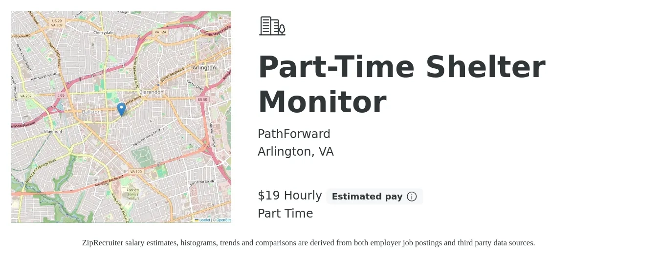 PathForward job posting for a Part-Time Shelter Monitor in Arlington, VA with a salary of $20 Hourly with a map of Arlington location.