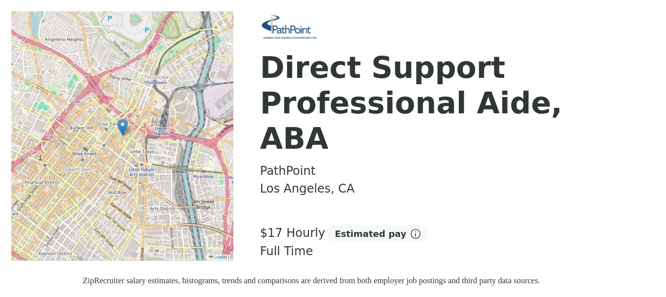 PathPoint job posting for a Direct Support Professional Aide, ABA in Los Angeles, CA with a salary of $18 Hourly with a map of Los Angeles location.