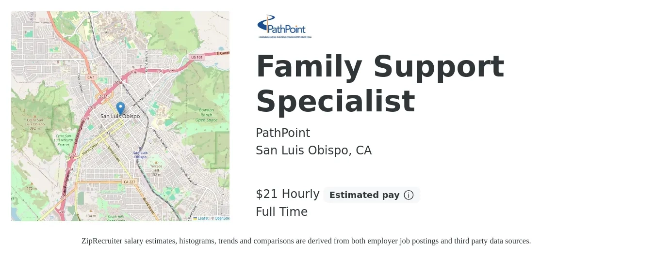 PathPoint job posting for a Family Support Specialist in San Luis Obispo, CA with a salary of $22 Hourly with a map of San Luis Obispo location.