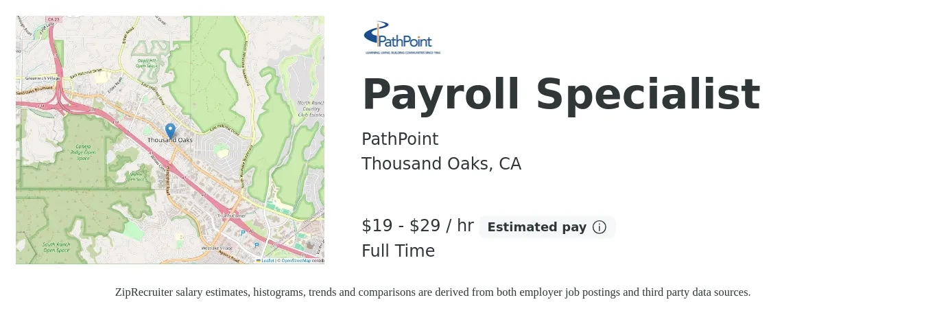 PathPoint job posting for a Payroll Specialist in Thousand Oaks, CA with a salary of $21 to $31 Hourly with a map of Thousand Oaks location.