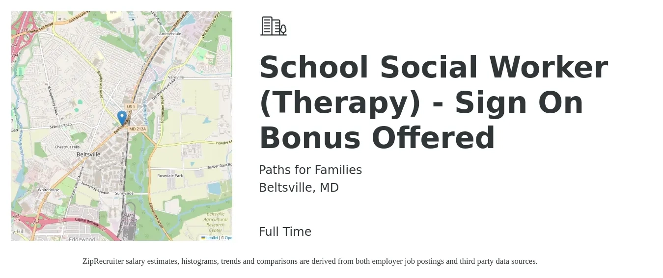 Paths for Families job posting for a School Social Worker (Therapy) - Sign On Bonus Offered in Beltsville, MD with a salary of $53,200 to $73,000 Yearly with a map of Beltsville location.