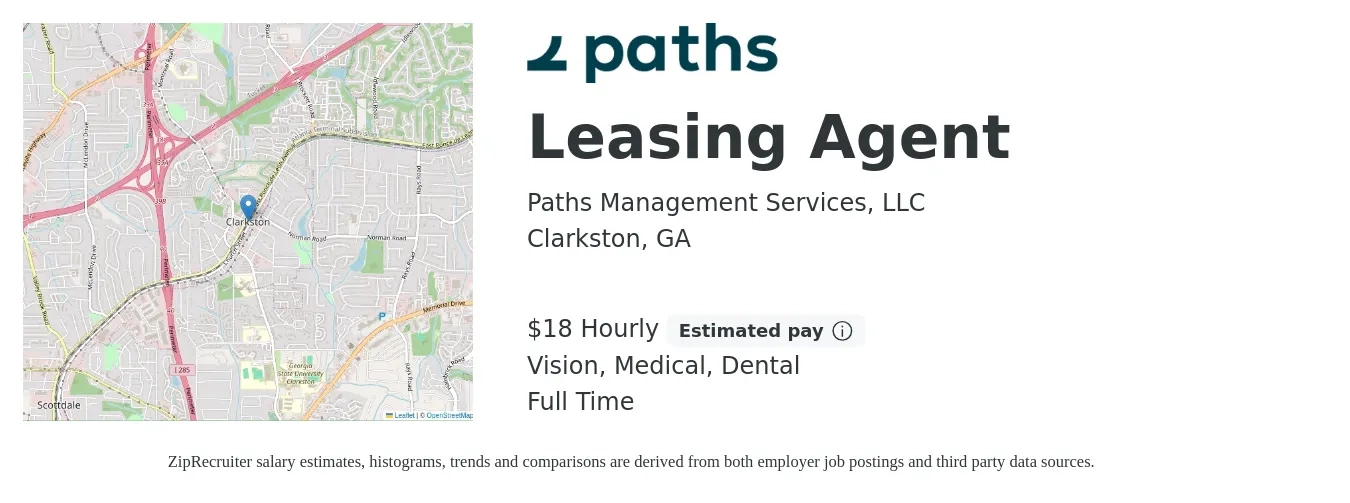 Paths Management Services, LLC job posting for a Leasing Agent in Clarkston, GA with a salary of $19 Hourly and benefits including life_insurance, medical, pto, retirement, vision, and dental with a map of Clarkston location.