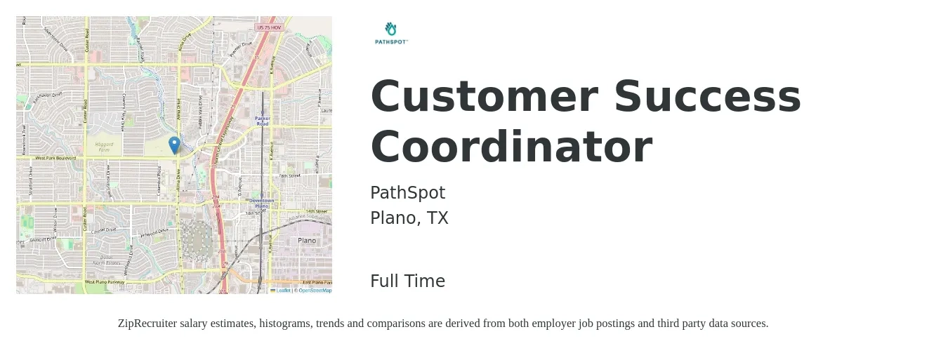PathSpot job posting for a Customer Success Coordinator in Plano, TX with a salary of $39,700 to $52,600 Yearly with a map of Plano location.