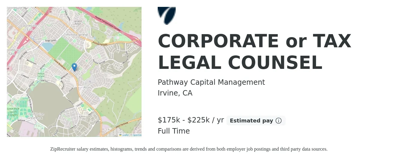 Pathway Capital Management job posting for a CORPORATE or TAX LEGAL COUNSEL in Irvine, CA with a salary of $175,000 to $225,000 Yearly with a map of Irvine location.