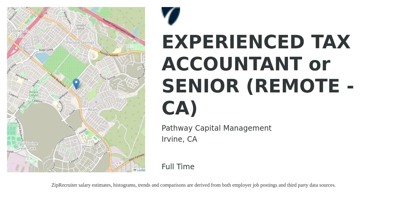 Pathway Capital Management job posting for a EXPERIENCED TAX ACCOUNTANT or SENIOR (REMOTE - CA) in Irvine, CA with a salary of $70,000 to $95,000 Yearly with a map of Irvine location.