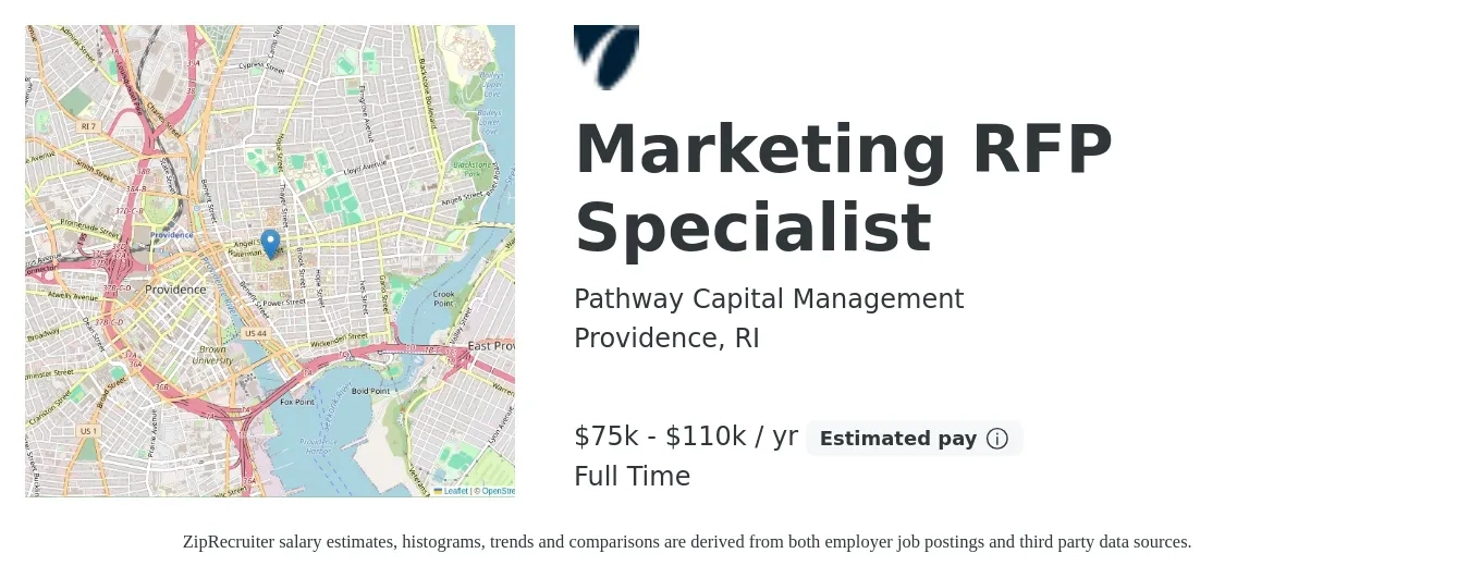 Pathway Capital Management job posting for a Marketing RFP Specialist in Providence, RI with a salary of $75,000 to $110,000 Yearly with a map of Providence location.