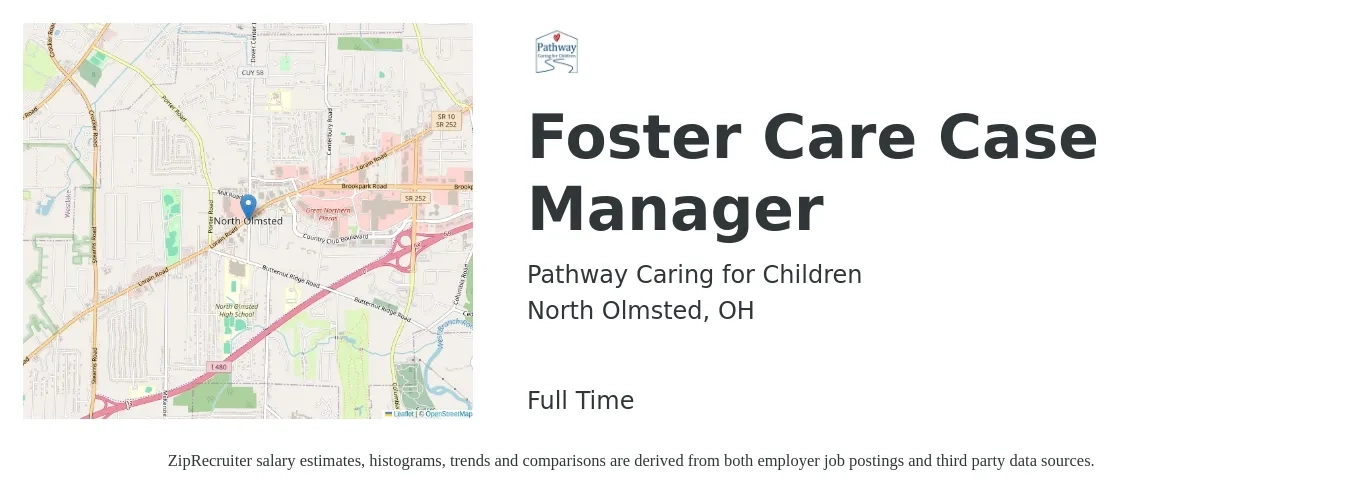 Pathway Caring for Children job posting for a Foster Care Case Manager in North Olmsted, OH with a salary of $37,100 to $44,400 Yearly with a map of North Olmsted location.