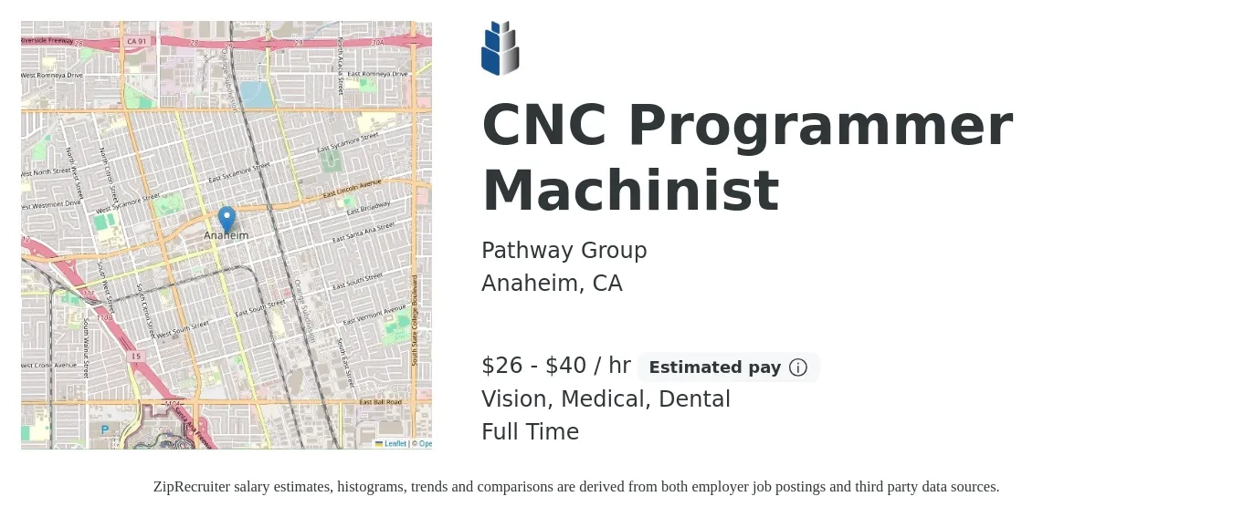 Pathway Group job posting for a CNC Programmer Machinist in Anaheim, CA with a salary of $28 to $42 Hourly and benefits including dental, medical, pto, retirement, and vision with a map of Anaheim location.