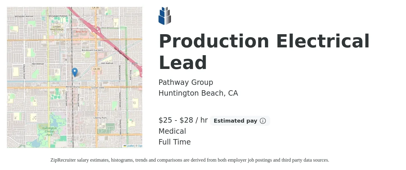 Pathway Group job posting for a Production Electrical Lead in Huntington Beach, CA with a salary of $26 to $30 Hourly and benefits including medical, and pto with a map of Huntington Beach location.
