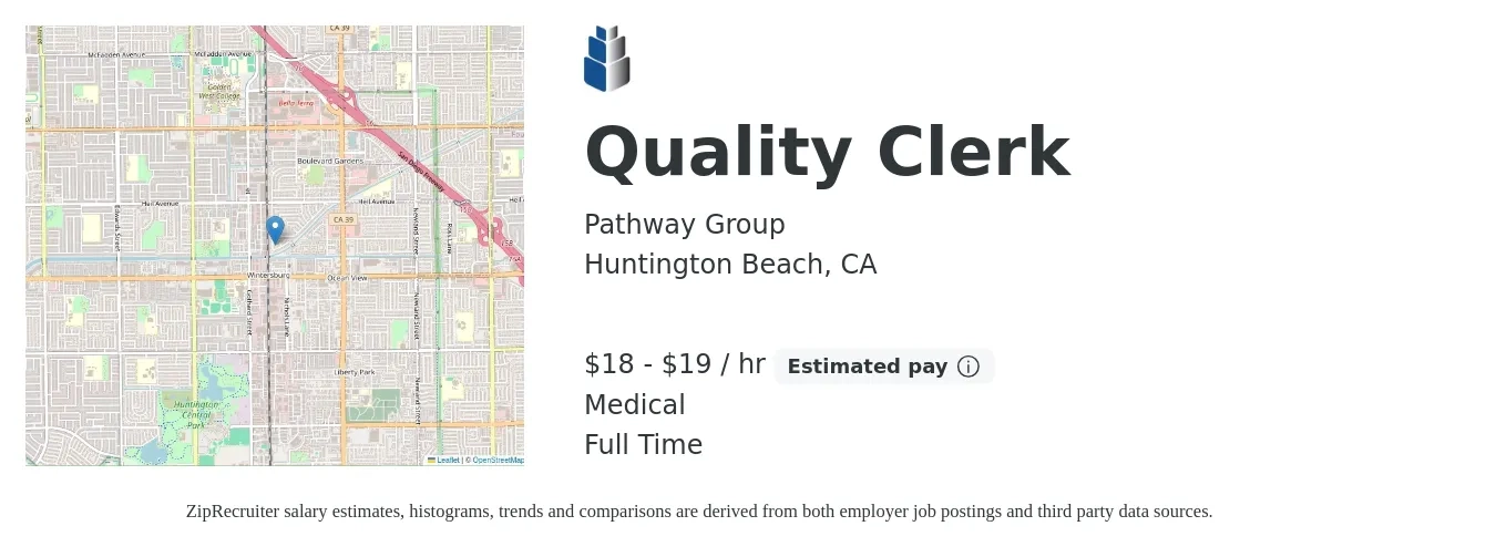 Pathway Group job posting for a Quality Clerk in Huntington Beach, CA with a salary of $19 to $20 Hourly and benefits including medical with a map of Huntington Beach location.