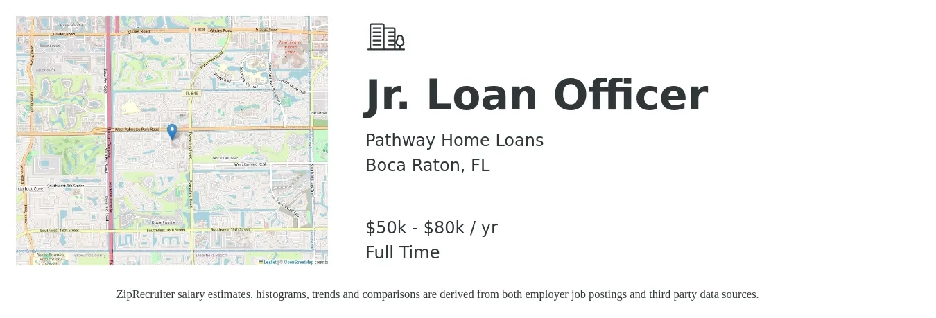 Pathway Home Loans job posting for a Jr. Loan Officer in Boca Raton, FL with a salary of $50,000 to $80,000 Yearly with a map of Boca Raton location.