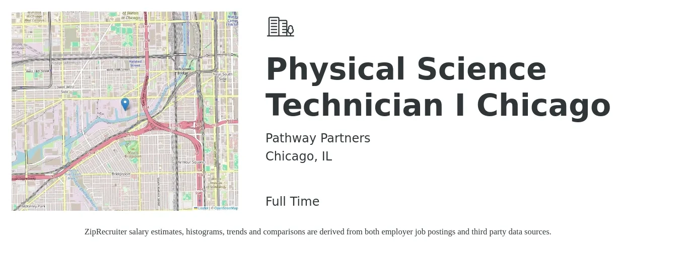 Pathway Partners job posting for a Physical Science Technician I Chicago in Chicago, IL with a salary of $56,000 to $60,000 Yearly with a map of Chicago location.