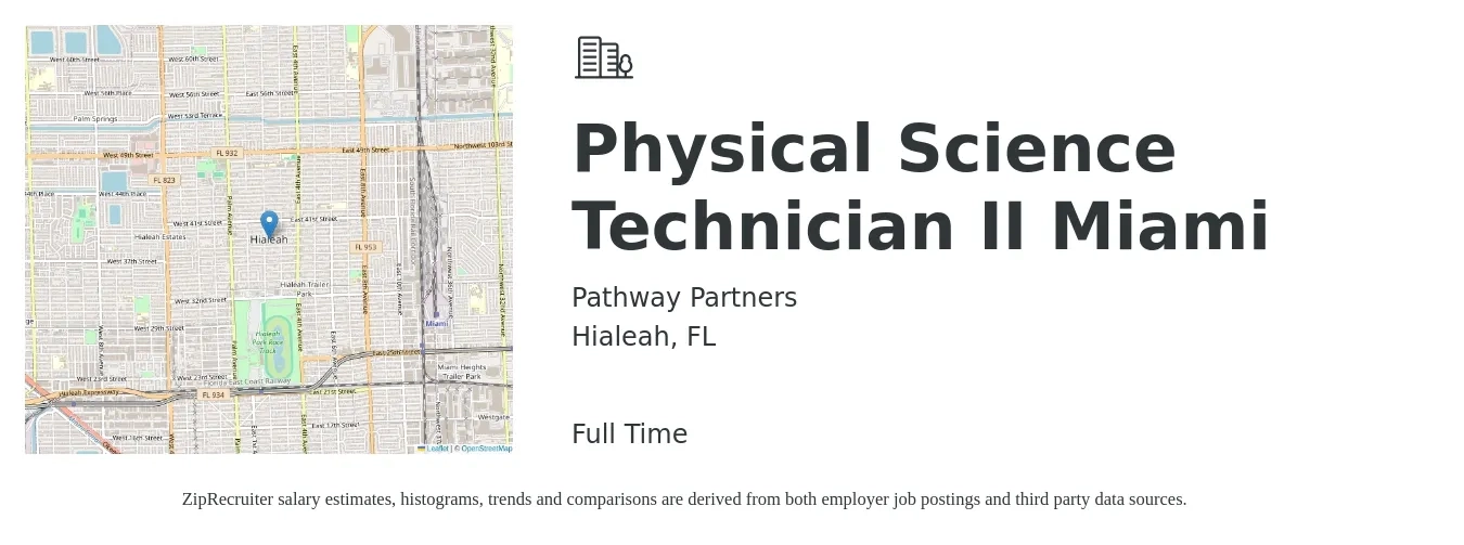 Pathway Partners job posting for a Physical Science Technician II Miami in Hialeah, FL with a salary of $62,000 to $66,000 Yearly with a map of Hialeah location.