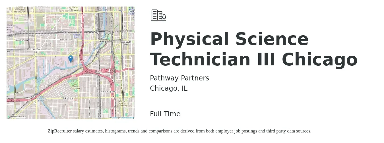 Pathway Partners job posting for a Physical Science Technician III Chicago in Chicago, IL with a salary of $76,000 to $81,000 Yearly with a map of Chicago location.