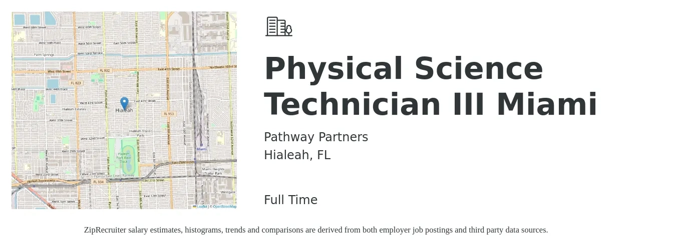 Pathway Partners job posting for a Physical Science Technician III Miami in Hialeah, FL with a salary of $72,000 to $77,000 Yearly with a map of Hialeah location.