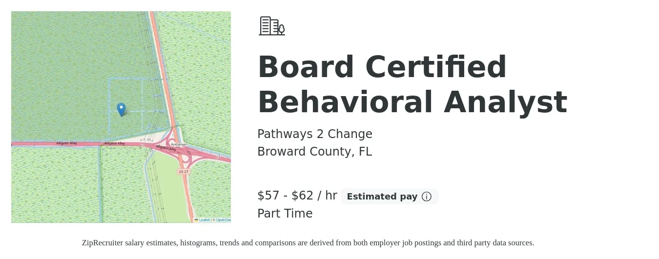 Pathways 2 Change job posting for a Board Certified Behavioral Analyst in Broward County, FL with a salary of $60 to $65 Hourly with a map of Broward County location.