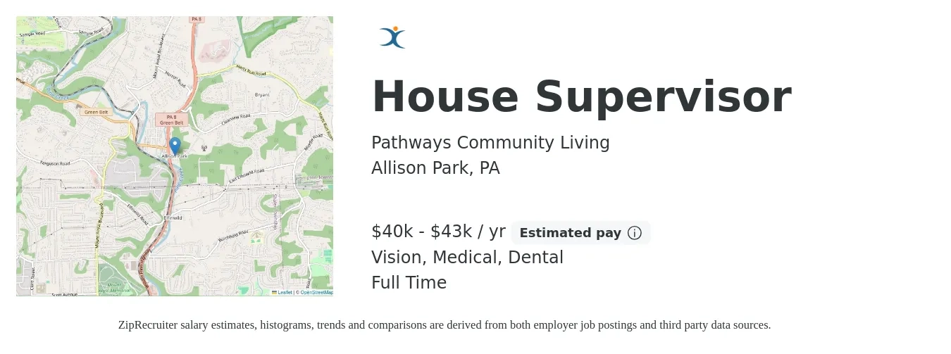 Pathways Community Living job posting for a House Supervisor in Allison Park, PA with a salary of $40,000 to $43,000 Yearly and benefits including dental, life_insurance, medical, and vision with a map of Allison Park location.