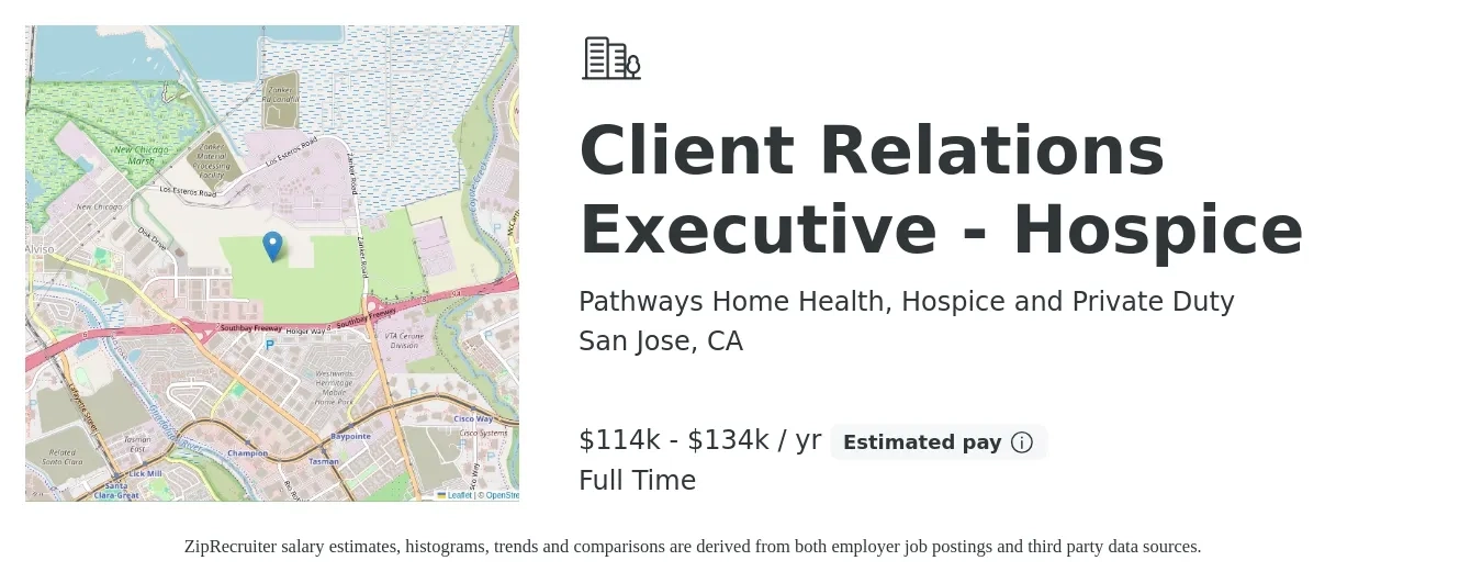 Pathways Home Health, Hospice and Private Duty job posting for a Client Relations Executive - Hospice in San Jose, CA with a salary of $114,000 to $134,700 Yearly with a map of San Jose location.