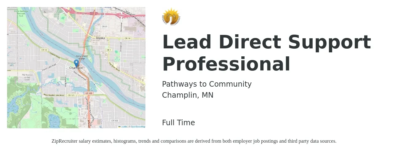 Pathways to Community job posting for a Lead Direct Support Professional in Champlin, MN with a salary of $20 Hourly with a map of Champlin location.