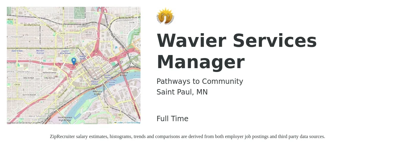 Pathways to Community job posting for a Wavier Services Manager in Saint Paul, MN with a salary of $44,500 to $69,800 Yearly with a map of Saint Paul location.