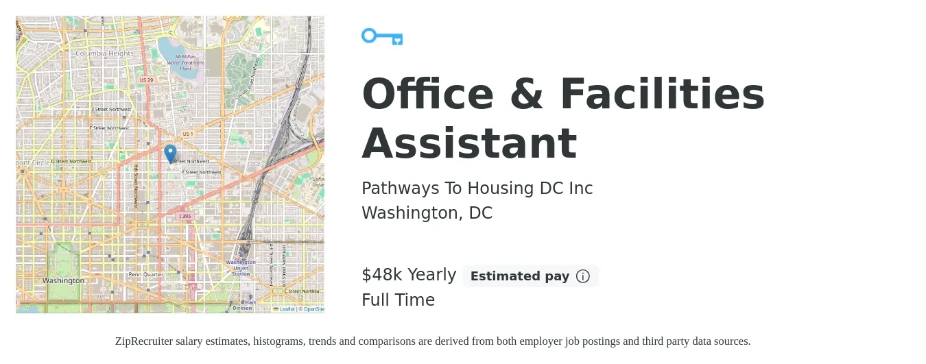 Pathways To Housing DC Inc job posting for a Office & Facilities Assistant in Washington, DC with a salary of $48,000 Yearly with a map of Washington location.