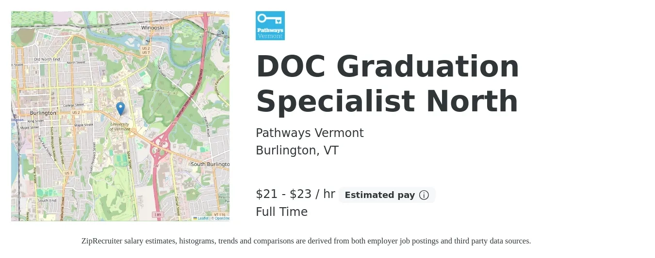 Pathways Vermont job posting for a DOC Graduation Specialist North in Burlington, VT with a salary of $22 to $24 Hourly with a map of Burlington location.