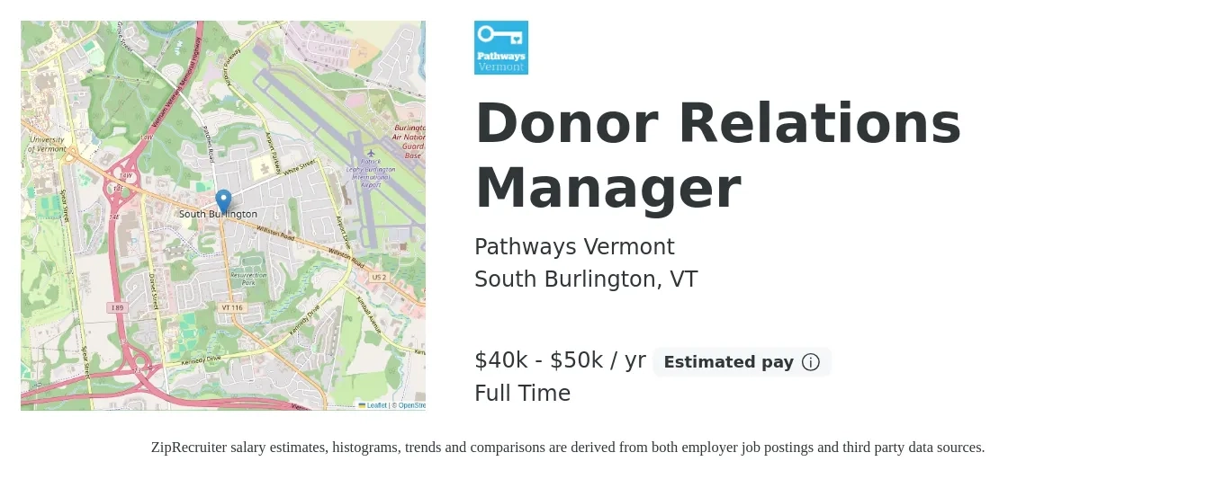 Pathways Vermont job posting for a Donor Relations Manager in South Burlington, VT with a salary of $40,000 to $50,000 Yearly with a map of South Burlington location.