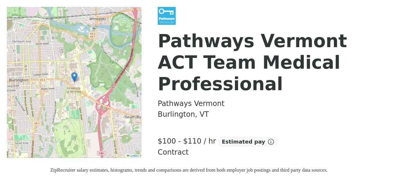 Pathways Vermont job posting for a Pathways Vermont ACT Team Medical Professional in Burlington, VT with a salary of $105 to $115 Hourly with a map of Burlington location.