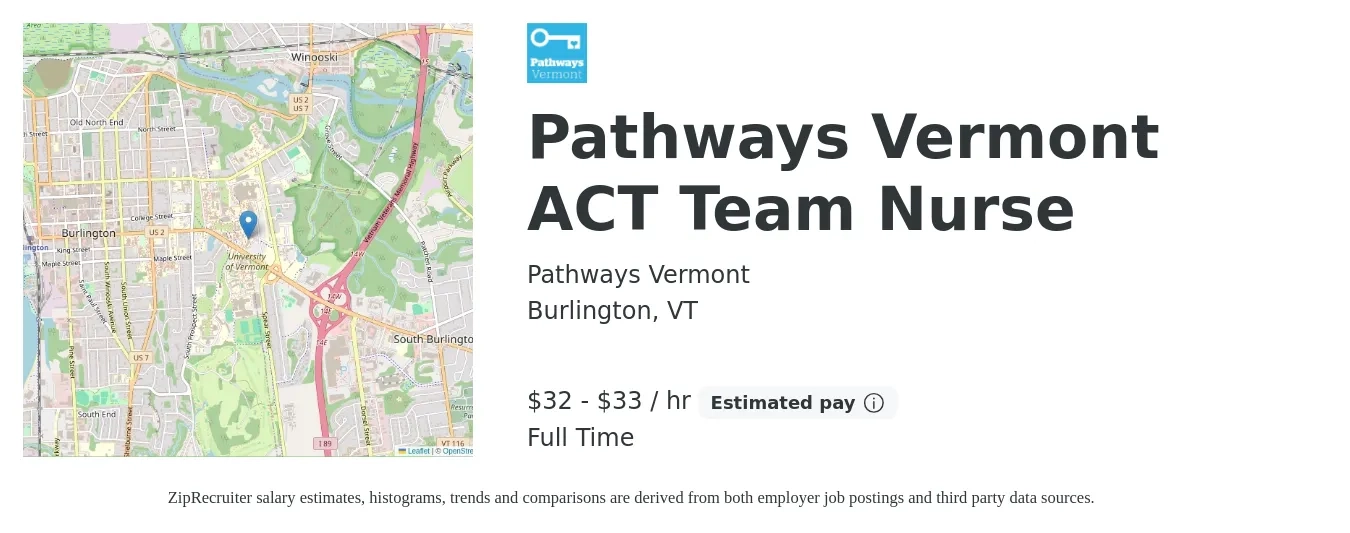 Pathways Vermont job posting for a Pathways Vermont ACT Team Nurse in Burlington, VT with a salary of $34 to $35 Hourly with a map of Burlington location.