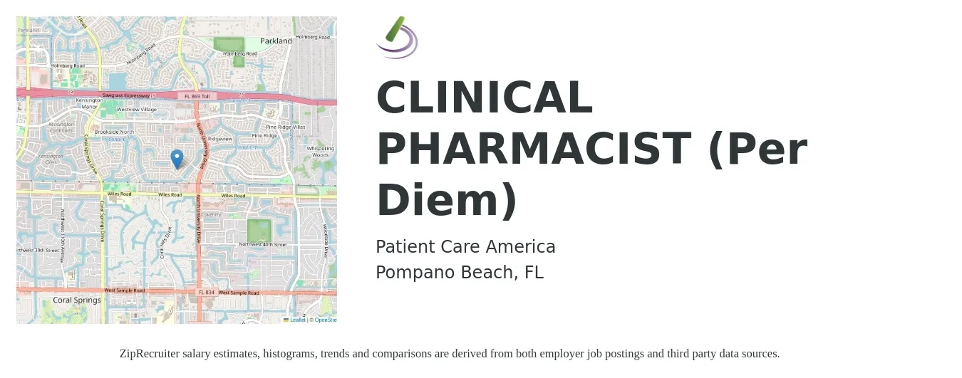 Patient Care America job posting for a CLINICAL PHARMACIST (Per Diem) in Pompano Beach, FL with a salary of $111,500 to $133,100 Yearly with a map of Pompano Beach location.
