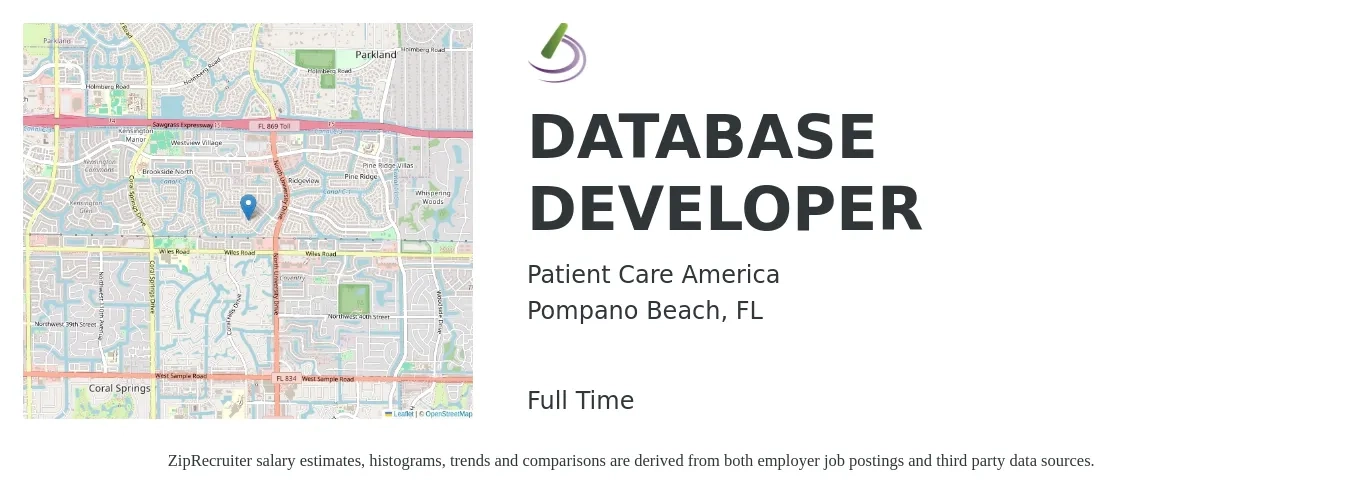 Patient Care America job posting for a DATABASE DEVELOPER in Pompano Beach, FL with a salary of $42 to $59 Hourly with a map of Pompano Beach location.