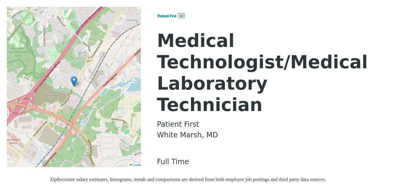 PatientFirst job posting for a Medical Technologist/Medical Laboratory Technician in White Marsh, MD with a salary of $23 to $45 Hourly with a map of White Marsh location.