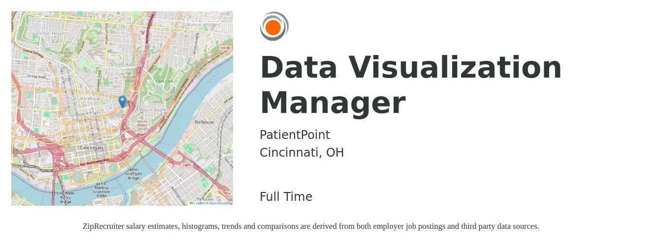 PatientPoint job posting for a Data Visualization Manager in Cincinnati, OH with a salary of $86,400 to $118,000 Yearly with a map of Cincinnati location.