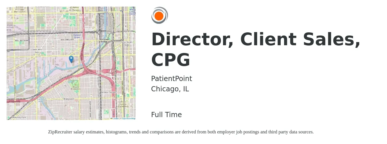 PatientPoint job posting for a Director, Client Sales, CPG in Chicago, IL with a salary of $72,600 to $128,800 Yearly with a map of Chicago location.