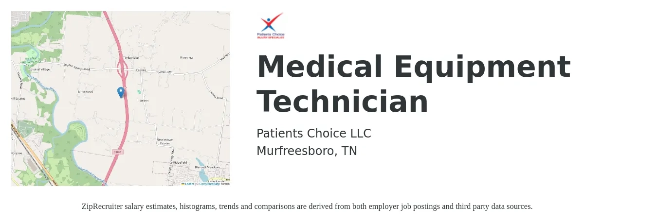 Patients Choice LLC job posting for a Medical Equipment Technician in Murfreesboro, TN with a salary of $16 to $20 Hourly with a map of Murfreesboro location.