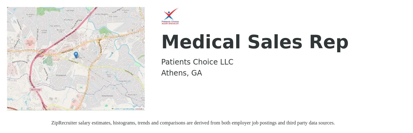 Patients Choice LLC job posting for a Medical Sales Rep in Athens, GA with a salary of $46,000 to $87,400 Yearly with a map of Athens location.