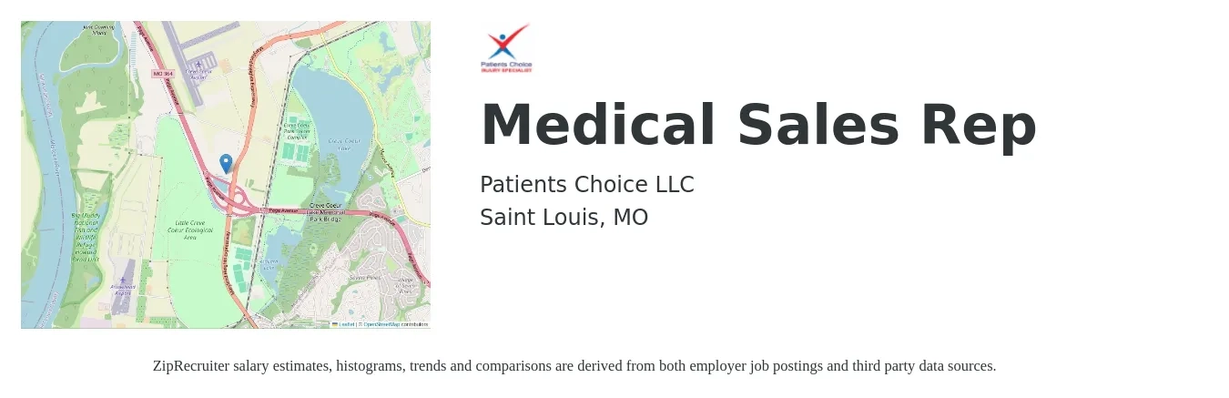 Patients Choice LLC job posting for a Medical Sales Rep in Saint Louis, MO with a salary of $53,500 to $101,600 Yearly with a map of Saint Louis location.