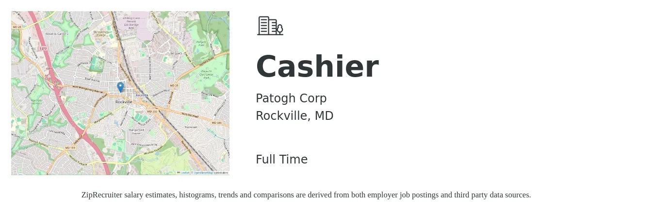 Patogh Corp job posting for a Cashier in Rockville, MD with a salary of $12 to $16 Hourly with a map of Rockville location.