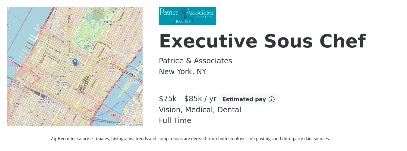 Patrice & Associates job posting for a Executive Sous Chef in New York, NY with a salary of $75,000 to $85,000 Yearly and benefits including vision, dental, medical, and pto with a map of New York location.