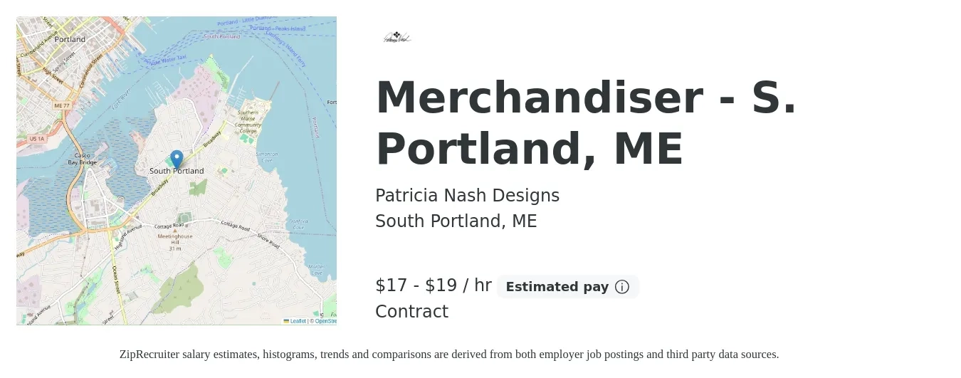 Patricia Nash Designs job posting for a Merchandiser - S. Portland, ME in South Portland, ME with a salary of $18 to $20 Hourly with a map of South Portland location.